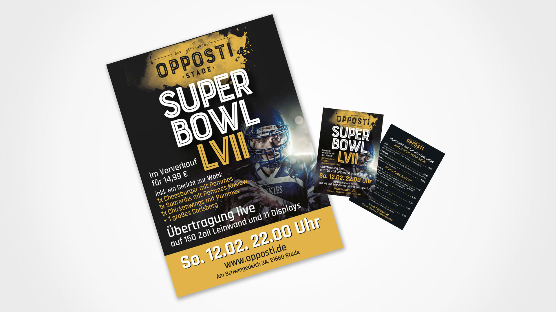 Super Bowl im OPPOSTI: Wir haben Plakate und Flyer mit speziellen Angeboten entwickelt.