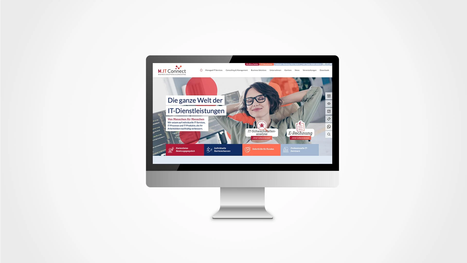 Die Website für M.IT Connect – ein Systemhaus mit Niederlassungen in Hallstadt und Hof – muss nicht nur sehr viel Information anschaulich darstellen, sondern dem Kunden die Möglichkeit geben, die wichtigsten Inhalte selbst zu pflegen. Und da machen wir keine halben Sachen: Statt ein 08/15-CMS zu nutzen, das die Website unnötig komplex gemacht hätte, haben wir eine individuelle Administrations-Oberfläche programmiert, mit der die Mitarbeiter – ganz ohne Schulung – intuitiv und zielgerichtet arbeiten können. Kluge Detaillösungen, unbegrenzte Erweiterbarkeit und superschnelle Performance sind die großen Vorteile einer individuellen Lösung – und kostengünstig ist es auch noch.